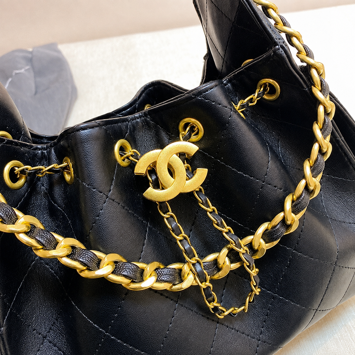 Black Leather Bucket Bag