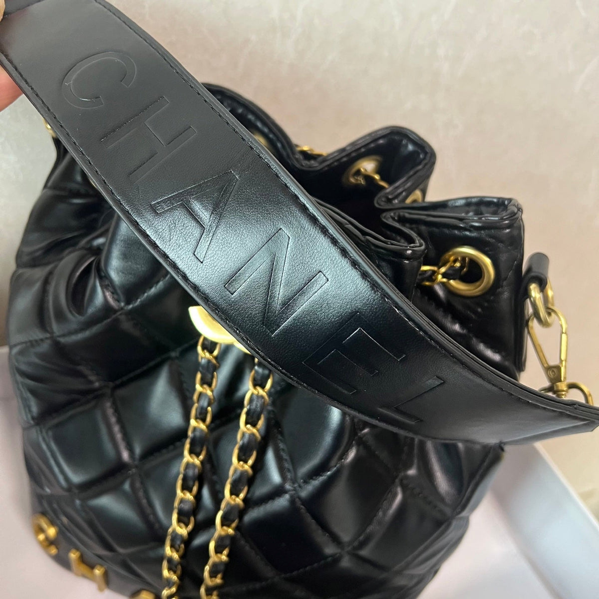 Black Leather Bucket Shoulder Bag