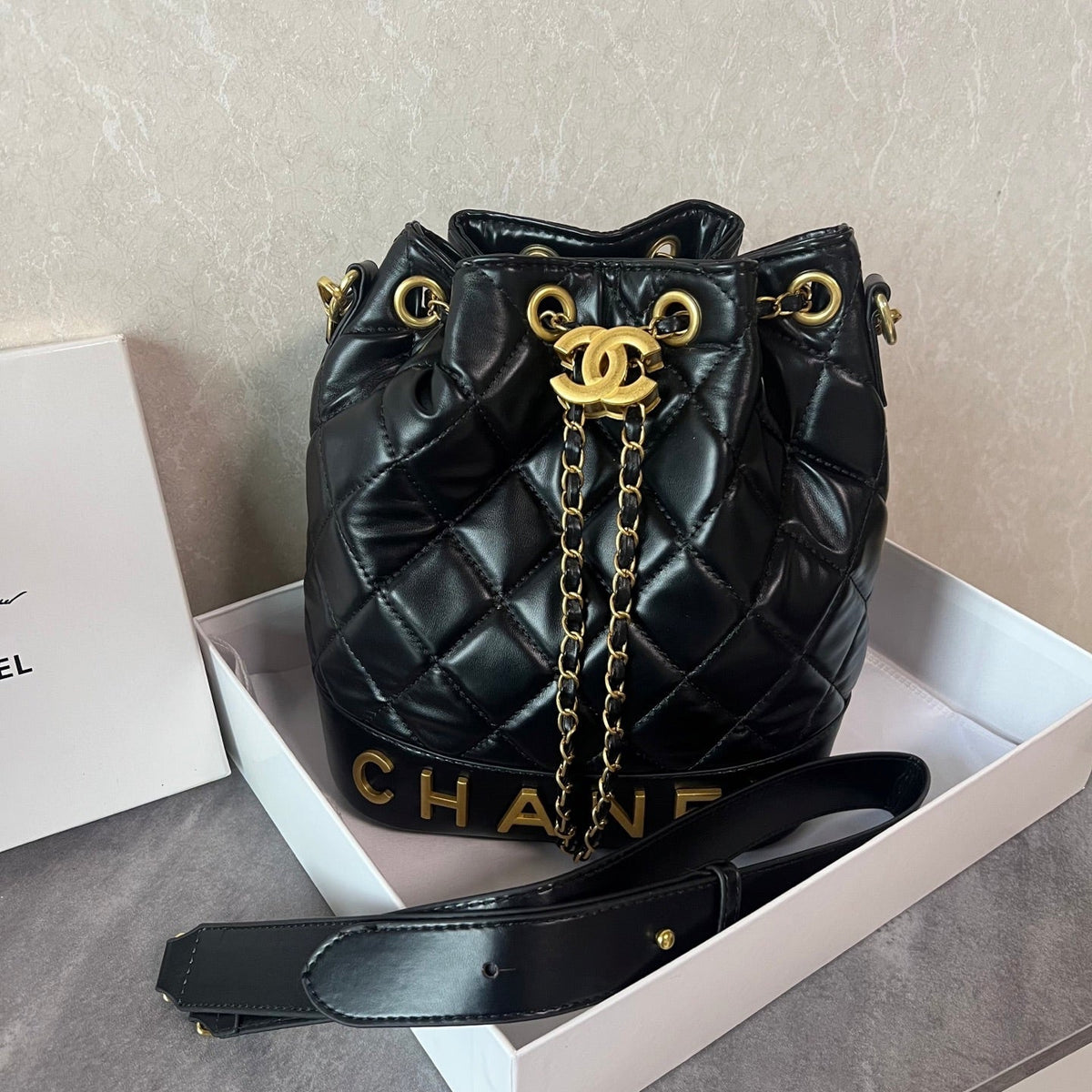 Black Leather Bucket Shoulder Bag