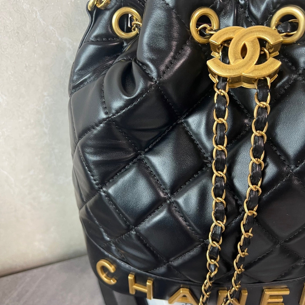 Black Leather Bucket Shoulder Bag