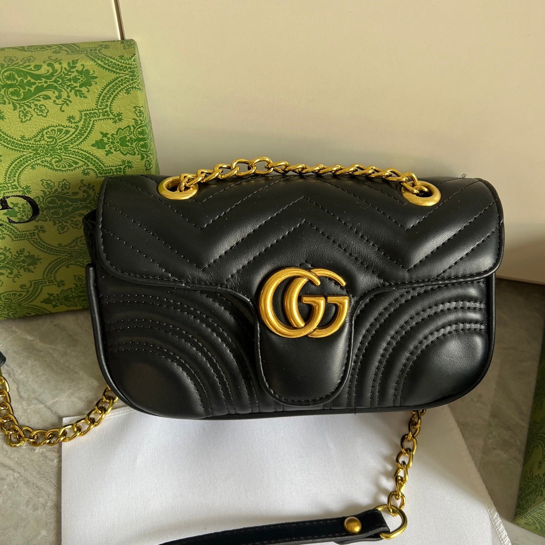 Black Leather Flap Chain Bag