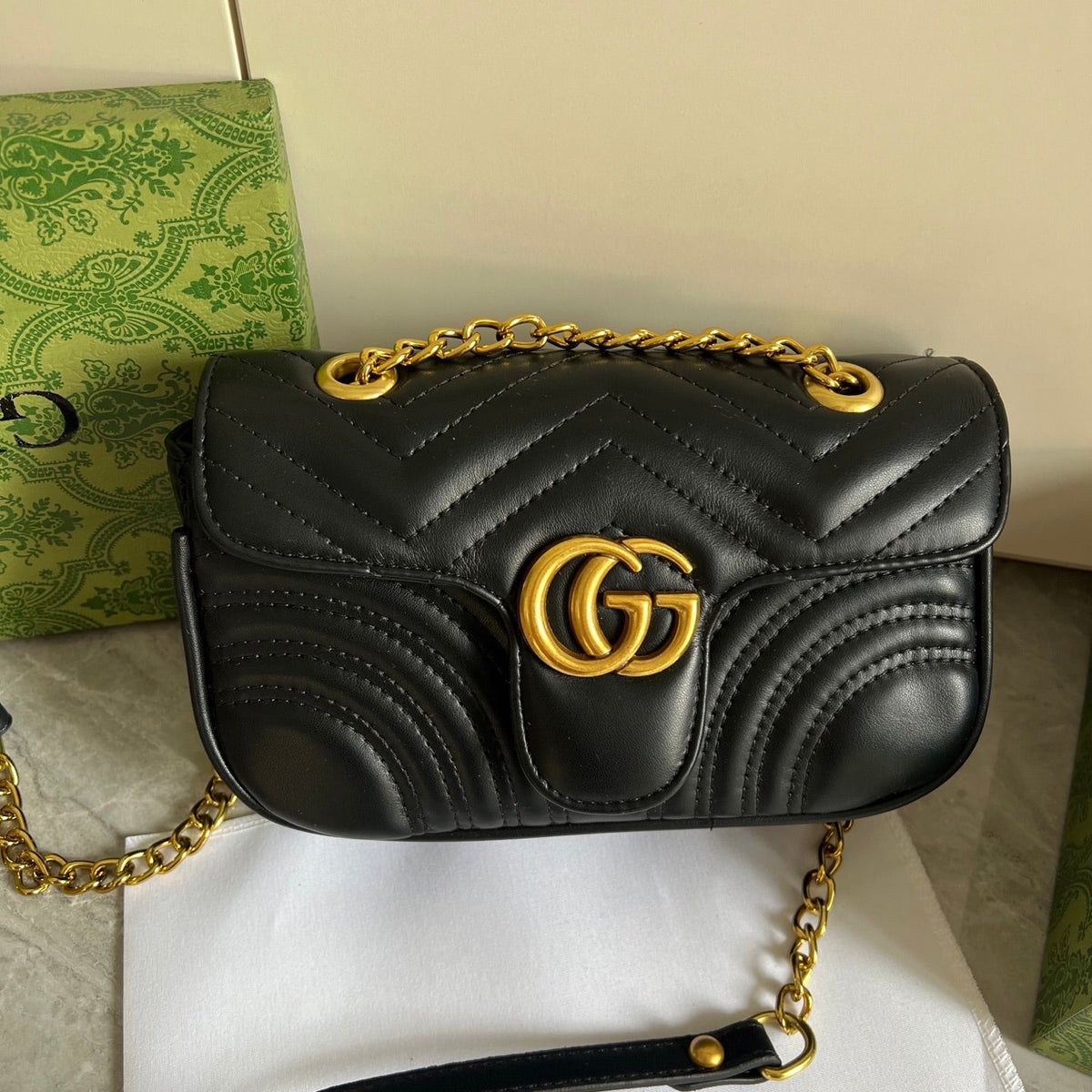 Black Leather Flap Chain Bag