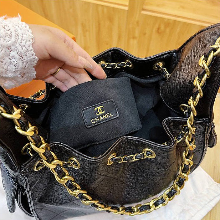 Black Leather Bucket Bag